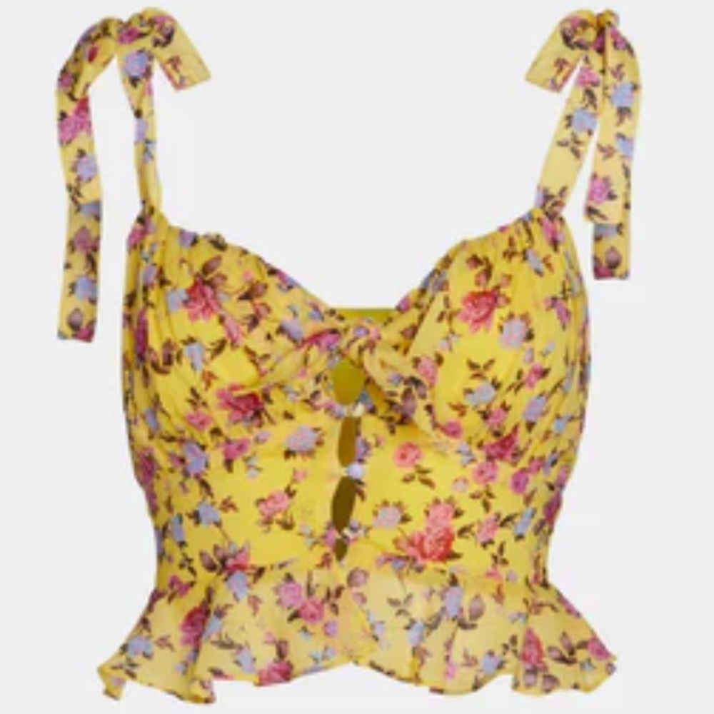 For Love & Lemons Free People Beaumont M Yellow Pink Floral Silk Bow Ruffle Crop